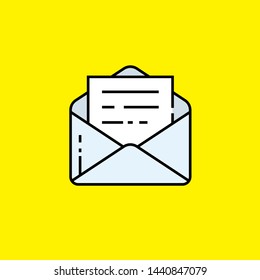 Open email message line icon. Business mail document symbol isolated on yellow background. Vector illustration.