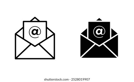Open email vector icon set in black and white color.