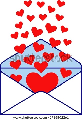 An open email, from which a large number of red hearts flew out — love, passion, desire — on a white background