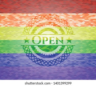Open emblem on mosaic background with the colors of the LGBT flag