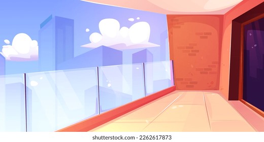 Open empty balcony interior with brick wall and skyscraper view. Banister on apartment terrace in high city building. Urban landscape from residential hotel patio. Leisure area on sunny day.