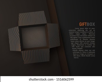 Open empty black textured gift box on black material background. Top view isolated vector giftbox. Mockup, vector design element