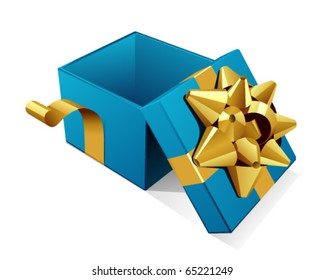 Open empty blue gift with gold bow vector illustration