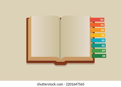 Open empty book with color bookmarks. Vector illustration