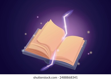 Open empty book and shining elements. Magic fairy tale diary, mystical witchcraft notebook. Fantasy and ancient knowledge, wizard vector background