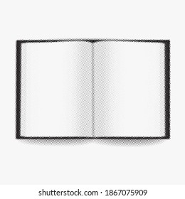 open empty book top view in dots Background. Monochrome Vintage Texture. Pop-art Pattern. Abstract Black and White Overlay. Vector illustration