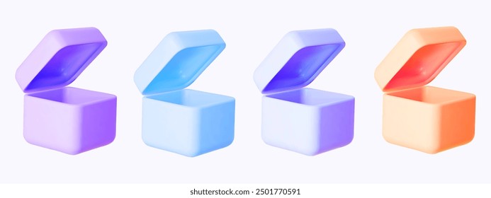 An open empty box without a bow. In purple yellow and blue colors. 3D vector illustration
