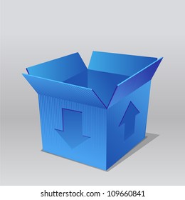 open empty cardboard blue box  illustration, isolated on white background