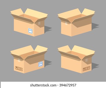 Open empty cardboard box. 3D lowpoly isometric vector illustration. The set of objects isolated against the grey background and shown from different sides