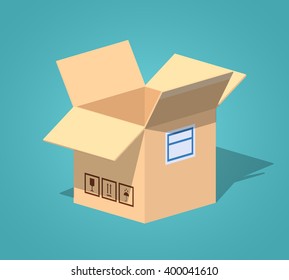 Open empty cardboard box against the blue background. 3D lowpoly isometric vector illustration