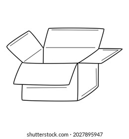 Una caja de cartón vacía abierta. Entrega, regalo, desembalaje. Ilustración de vector blanco y negro dibujada a mano. Aislado sobre un fondo blanco