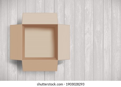 Open empty cardboard box on the wooden floor. Vector mockup.