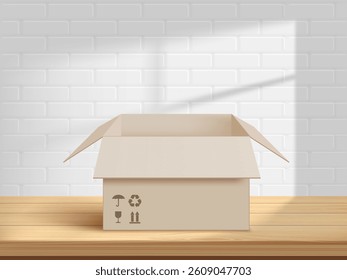 Open empty cardboard box on wooden kitchen table. Vector background