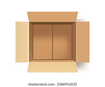 Open empty cardboard box viewed from the top on a white background. The realistic design showcases brown packaging material with flaps open. Concept of shipping and storage. Vector illustration