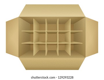 Open Empty Corrugated Cardboard Packaging Box, With Subtle Textures, Dividers,  Flaps, Shadows,  Isolated On White Background. Detailed Realistic Vector Illustration