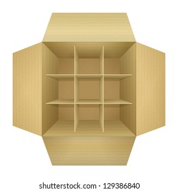 Open Empty Corrugated Cardboard Packaging Box, With Subtle Textures, Dividers,  Flaps, Shadows,  Isolated On White Background. Detailed Realistic Vector Illustration