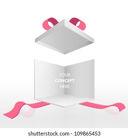 Open empty gift box and red ribbons. Vector design isolated on white.