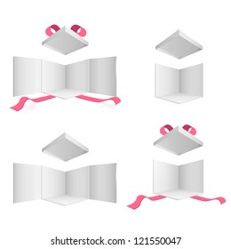 Open empty gift box with red ribbons on isolated white background. Vector design.