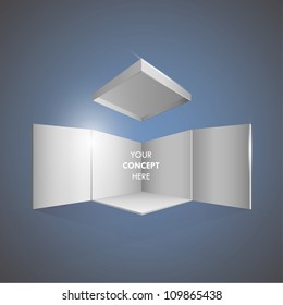 Open empty gift box. Vector design isolated on blue.