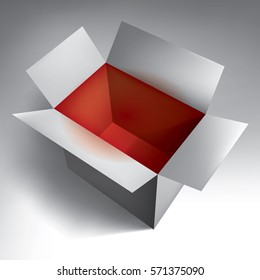 Open empty grey box, red inside, volume abstract object, vector design