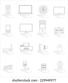 Open empty hands with technology icons.Vector