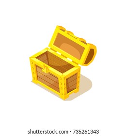 Open empty heavy wooden chest for luxurious treasures with gold edges isolated isometric 3d vector illustration on white background.