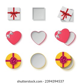 Open empty holiday gift box package with bow and ribbon heart square and round shape top view set realistic vector illustration. Festive pack present storage anniversary birthday celebrate congrats