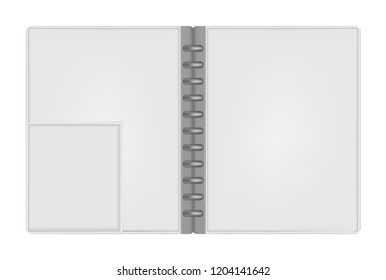 Open empty letter size discbound notebook folder with interior pocket top view, vector mock up. Hard cover gray leather disc bound loose leaf binder, template