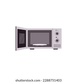 Open empty microwave oven, flat vector illustration isolated on white background. Modern kitchen appliance. Household equipment. Concept of fast food cooking.