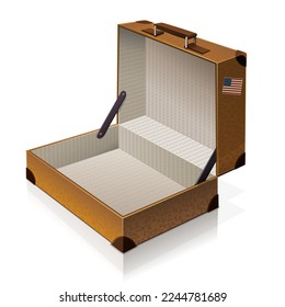 Open and empty old brown leather 3D suitcase isolated in the middle of a white background