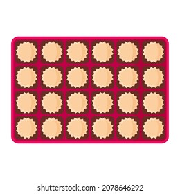 Open empty rectangular pink box of chocolates for Valentine's Day.