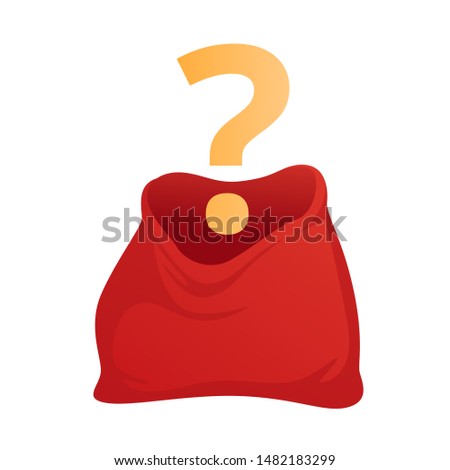 Open empty santa claus bag with question sign. Red bag for gifts. Christmas and new year holiday bag