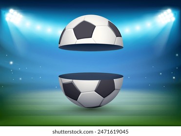 Open empty soccer ball on the stadium field. Stock vector illustration