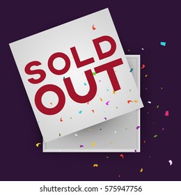 Open empty squares cardboard box with inscription sold out and confetti on black background. Mockup template for products, package, branding, advertising. Top view. Vector illustration.