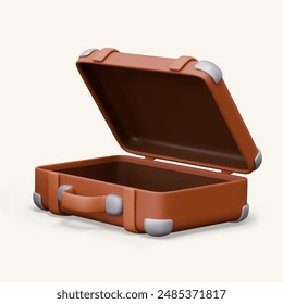 Open empty suitcase. Leather luggage bag with metal corners