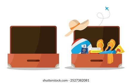 Open empty suitcase and open suitcase with things for travel. Vector illustration in flat style.