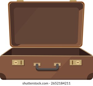 Open Empty Suitcase. Travel Bag. Packing Luggage or Trip Preparation Concept. Vector Illustration in flat style. Retro Vintage Leather Suitcase With Metal Corners, Belts and Handle