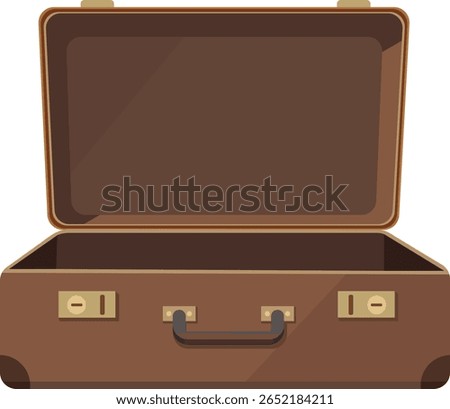 Open Empty Suitcase. Travel Bag. Packing Luggage or Trip Preparation Concept. Vector Illustration in flat style. Retro Vintage Leather Suitcase With Metal Corners, Belts and Handle