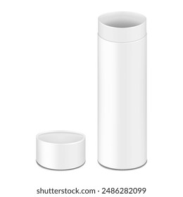 Open empty white blank tall tube shaped gift box with lid. Realistic 3d vector mock-up. Cardboard tubular cylinder box packaging. Mockup. Template for design