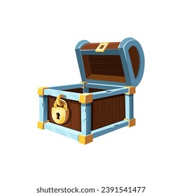 Open empty wooden chest with golden padlock. Vector cartoon illustration.