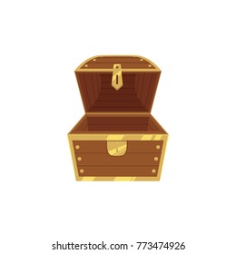 Open empty wooden pirate treasure chest, front view, flat style cartoon vector illustration isolated on white background. Flat style treasure chest, new and empty, nothing inside