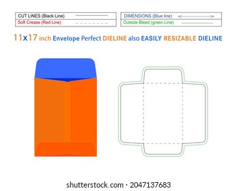 Open end envelope or Catalog envelope 11x17 inch dieline template and 3D envelope editable easily resizable