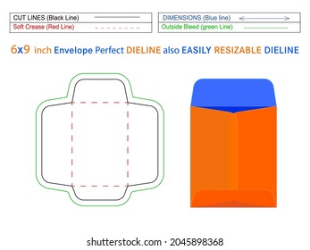 Open end envelope or Catalog envelope 6x9 inch dieline template and 3D envelope editable easily resizable
