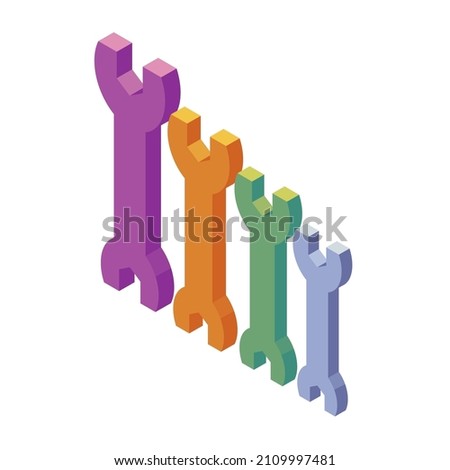Open end wrench set - isometric hand drawn vector illustration isolated on white. Flat color design.