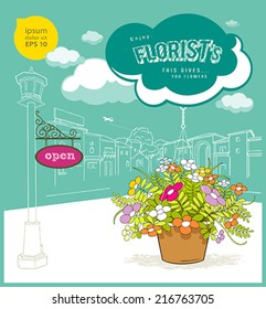 Open Enjoy florist flower with cloud and sketching building design background, vector illustration