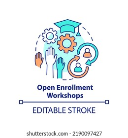 Open enrollment workshops concept icon. Method for learning experience abstract idea thin line illustration. Isolated outline drawing. Editable stroke. Arial, Myriad Pro-Bold fonts used