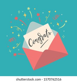 Open envelop with congrats letter, email or message. Flat style vector Illustration. Eps10