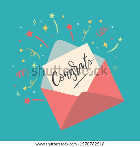 Open envelop with congrats letter, email or message. Flat style vector Illustration. Eps10