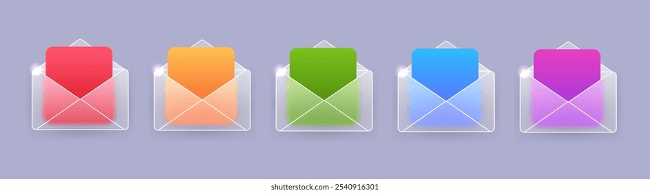 Open envelop glass morphism icon set in various color. Vector mail letter symbol illustration