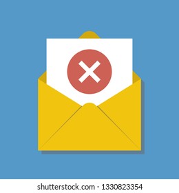 open envelop with reject red cross icon, flat style vector illustration